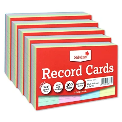 Image of Silvine Record Card Bulk Pack of 500 5 x 100 5x3 Coloured Lined with Headline Cards Size Small 127 76mm