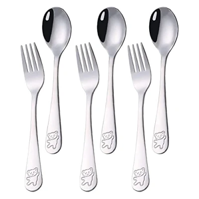 Image of 6 Piece Children&#039;s Cutlery Set 18/10 Stainless Steel, 3 Pieces Soup Spoons + Dessert Forks, Fork Spoon Set, Baby Fork, Bear Pattern, 16.5 cm