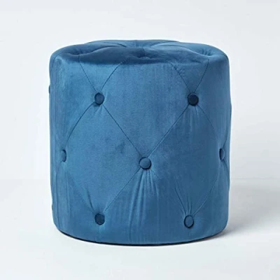 Image of HOMESCAPES Navy Blue Velvet Pouffe Luxury Modern 40 cm Tall Quilted Footstool With Buttoned Design Multifunctional Dark Round Upholstered “Windsor Style Ottoman Stool Seat