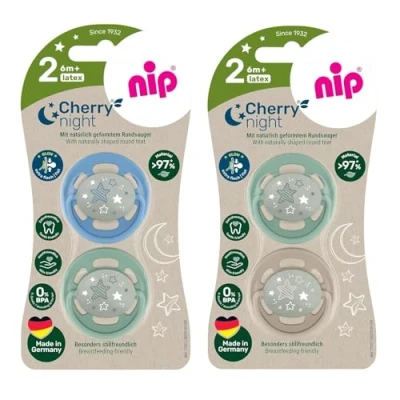 Image of NIP Cherry Round Dummy Night Size 2 from 6+ Months Black &amp; Milky White Glow in the Dark