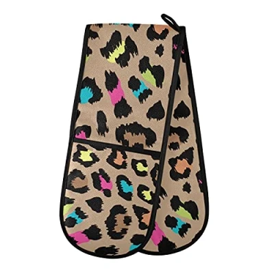 Image of PUXUQU Oven Gloves Double Mitts Gloves, Colourful Leopard Print Heat Resistant for Baking BBQ Kitchen Cooking