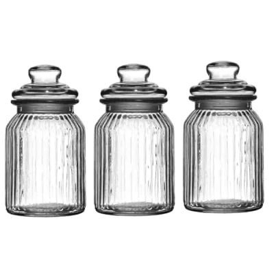 Image of Hyper Mart Vintage Transparent Ribbed Glass Storage Jars Sweets, Sweetie, Biscuit, Cookie, Kitchen Jar with Airtight Lid (Ribbed Jar, 1300 ml Set of 3)