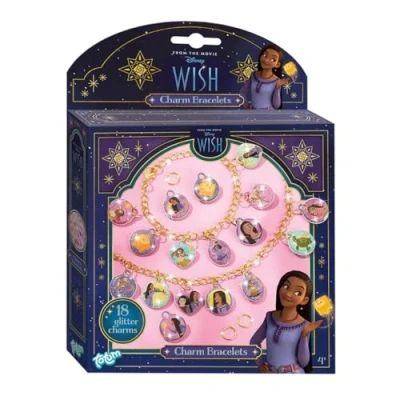 Image of Totum Disney Wish Charm Bracelet Jewellery Craft Set, Make 2 Bracelets with Gold Coloured Links and 18 Glittery Puffy Charms, Suits Ages 4 Years+