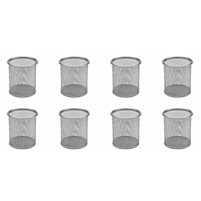 Image of OSCO Silver Wiremesh Round Pen Pot 8 Pack Pencil Holder Desk Tidy Office Organiser Makeup Storage Cosmetics Display H10.4 x W9 D9 cm