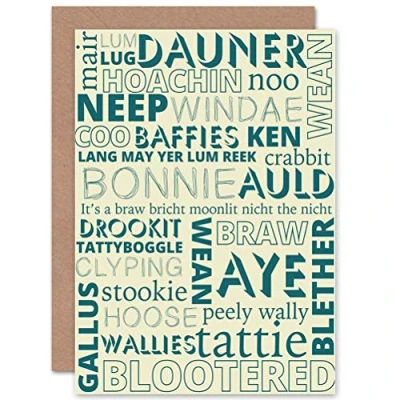 Image of Wee Blue Coo SCOTTISH WORDS PHRASES SCOTS FUN SCOTLAND BLANK GREETINGS CARD