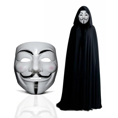 Image of Dreamzfit V for Vendetta Guy Fawkes Fancy Dress Costume Kit Anonymous Hacker Mask + Black Hooded Cape Adult Unisex Halloween Carnival Party Accessory