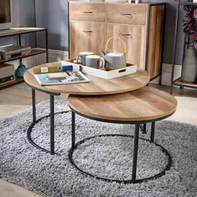 Image of Home Source Round Stackable Nest of 2 Coffee Side Tables, Black Metal Frame, Weathered Oak Effect Finish