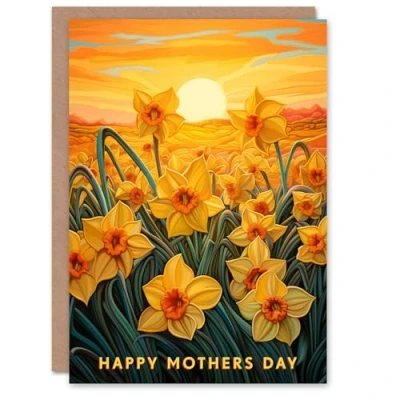 Image of Artery8 Mother&#039;s Day Greeting Card Daffodil Flower Field Sunset For Mum