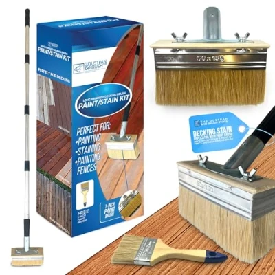 Image of Decking Stain Brush Kit with Metal Handle for Paint Application Extra Head and 4&quot;