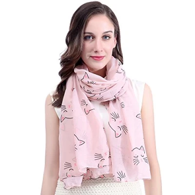 Image of Lina &amp; Lily Cat Animal Print Women&#039;s Scarf Shawl Lightweight (Light Pink)(Size: 180cm x 90cm)