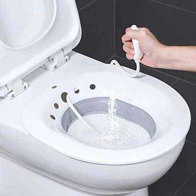 Image of Sitz Bath for Toilet Seat,Foldable Bath,Sitz Foldable with Flusher,Sitz Over The Toilet,for Hemorrhoids and Perineum Treatment,Alleviate Vaginal or Anal Inflammation (White&amp;Gray)