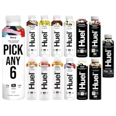 Image of Huel PICK ANY 6 Ready To Drink Nutritionally Complete Meal from 8+ Flavours Inc.Chocolate, Banana, Vanilla, Berry, Salted Caramel, Iced Coffee Strawberries &amp; Cream, BLACK EDITION (Each 500ml)