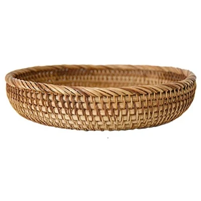 Image of NC Round Rattan Fruit Baske Weaving Storage Holder Dinning Room Bowl Decorative Platter Tea Trays Dish Plate Small Food Serving Tray Woven Basket