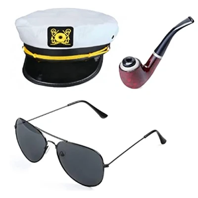 Image of eBoutik Sailor Captains Hat, Glasses &amp; Accessories Cosplay Fancy Dress Costume Accessories, Adult Party Captain/Sailor/Navy Hat Stag Party, Halloween, Birthday (Captain)