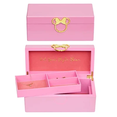 Image of Disney Minnie Mouse Gold Icon Pink Lacquer Wood Jewelry Box Organizer, Officially Licensed (VX700653L)