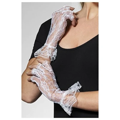 Image of Smiffys Fingerless Lace Gloves, White , Fever Gloves Fancy Dress, Dress Up Accessories