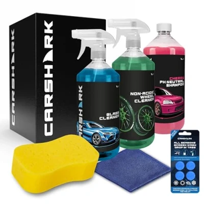 Image of CARSHARK Car Cleaning Kit, Gift Set with Cherry Shampoo 1L, Wheel Cleaner Glass Sponge, Microfibre Cloth, Screenwash Tabs