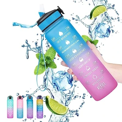 Image of Gaiayhc Sports Water Bottle 1 L,Motivational with Time Marker and Straw,30oz Leakproof Design for Sports,Hiking,Gym,Fitness,Outdoor,Cycling,School &amp; Office, Gradient Purple Blue