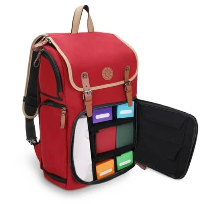 Image of ENHANCE Full Size Trading Card Storage Box Backpack for Playing Case Binder Space, TCG Deck Storage, Playmat Holder Compatible with Magic the Gathering, YuGiOh, DnD (Red)