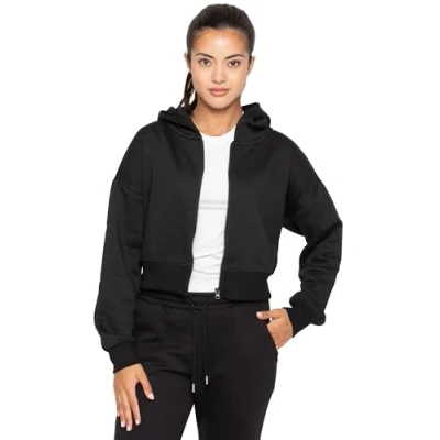Image of 989Zé ENZO Womens Hoodie Top Casual Fleece Cropped Sweatshirt WITH Hood Crop HOODY EZLHD588 BLACK ZIP XL