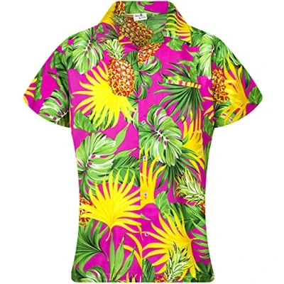 Image of King Kameha Funky Hawaiian Blouse Shirt, Shortsleeve, Print Pineapple Leaves, Pink, M