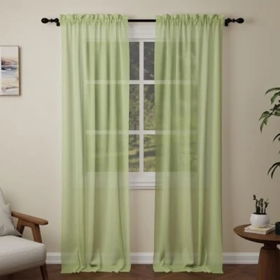 Image of Pacok Green Voile Curtains, 108 Drop 2 Panels Net Curtain for Windows, Rod Pocket Sheer Panel Curtains Living Room Kitcken Bedroom W56xL108 Inch(Green, 142 x 274cm)