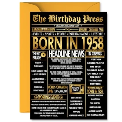 Image of Gold 67th Birthday Card for Men Women Black &amp; Golden Newspaper Born in 1958 Happy 67 Cards Nanny Brother Sister Husband Wife Nan, 5x7 Inch Bday Greeting