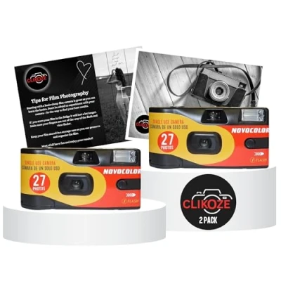 Image of Disposable Camera Bundle with Novocolor APM401010 Single Use Film Cameras 27 Exposures x2 and Clikoze Photography Tips Card