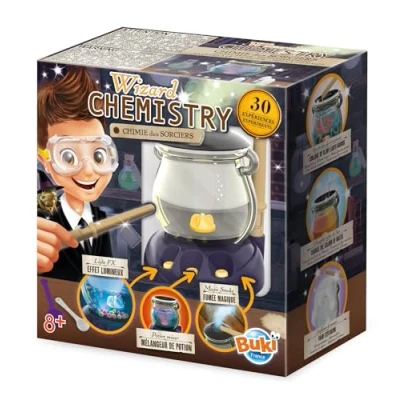 Image of BUKI France 8366 Wizard Chemistry Set. 30 Experiments for Children. Light Effects &amp; Smoke. Includes Cauldron, Magic Wands, Chemicals, Safety Goggles and more. Suitable Wizards Witches 8+