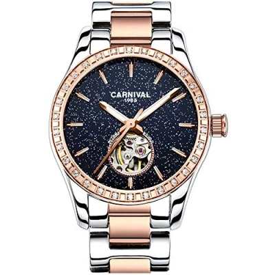 Image of Carnival Womens Skeleton Automatic Mechanical Synthetic Sapphire Crystal rose Gold Stainless Steel Lady Waterproof White Watch, Starry sky face/ gold, fashion