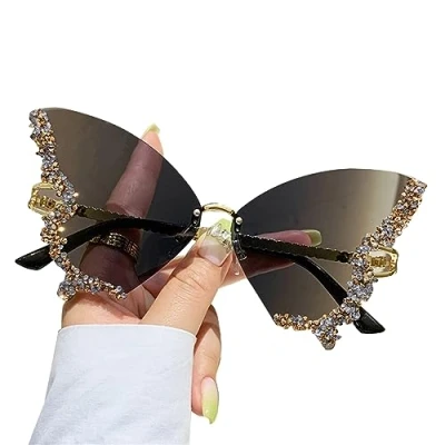 Image of xbiez Rhinestone Bling Sunglasses Butterfly Glasses Diamond Cat Eye Women Rimless Small Face