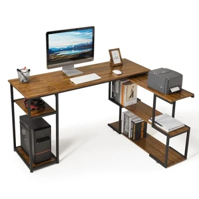 Image of Mondeer L Shaped Computer Desk, Corner 360 Rotating Shelves and Adjustable Storage Shelves, Space Saving for Home Office Studio Workstation, Rustic Brown