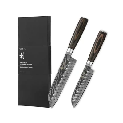 Image of Wakoli EDIB Essentials 2 Piece Damascus Kitchen Knife Set 4.7&quot; &amp; 7.1&quot; Santoku Knives Made from 67 Layers of Steel Pakkawood Handles Includes Gift Box Finger Guard Professional