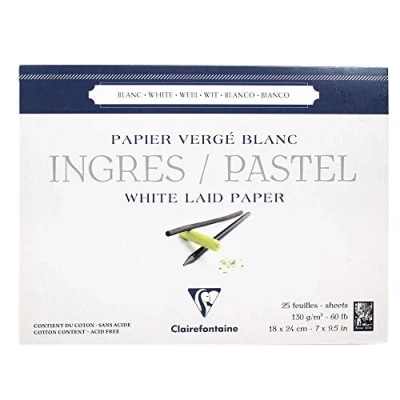Image of Clairefontaine Ref 96481C Ingres White Pastel Glued Laid Paper Pad (Pack of 25 Sheets) 18 x 24cm, 130gsm Tinted Cotton, Top Glue Bound Suitable for Dry Techniques