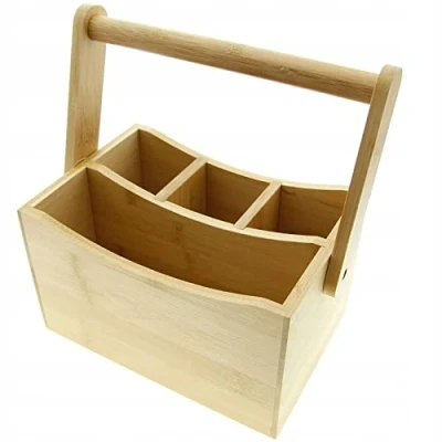 Image of RITZY Restaurant Table Organiser Condiments and Sauce Bottles Compartments for Cutlery Wooden Kitchen Utensil Holder Handle