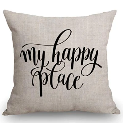Image of SSOIU My Happy Place Cotton Linen Throw Pillow Case Cushion Cover Home Office Decorative Square 18 X Inches