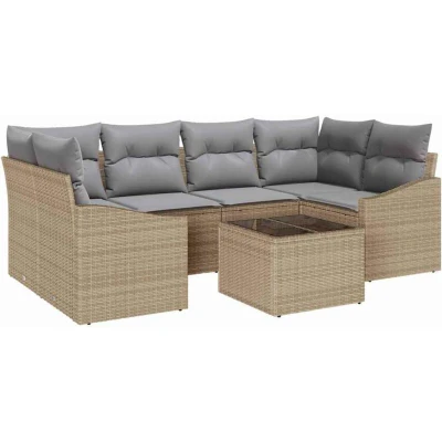 Image of vidaXL 7 Piece Garden Dining Set with Cushions Beige Poly Rattan