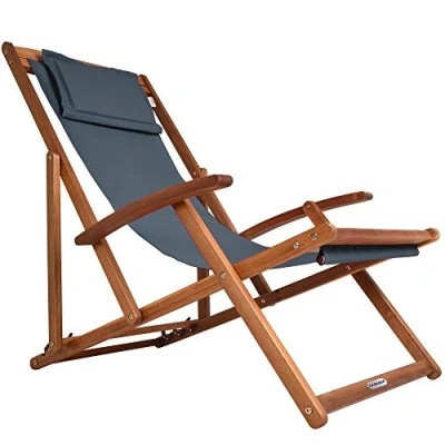 Image of CASARIA® Folding Wooden Deck Chair with Armrests and Neck Pillow Solid Acacia Wood Frame Resilient 160kg Capacity Foldable Adjustable Headrest Breathable Garden Sun Lounger Anthracite
