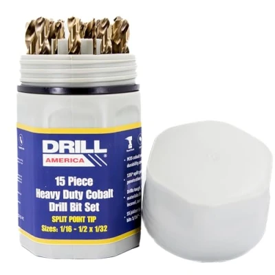 Image of Drill America 15 Piece Cobalt Bit Set with Gold Finish in Round Case (1/16&quot; 1/2&quot; x 32nds), DWDCO Series