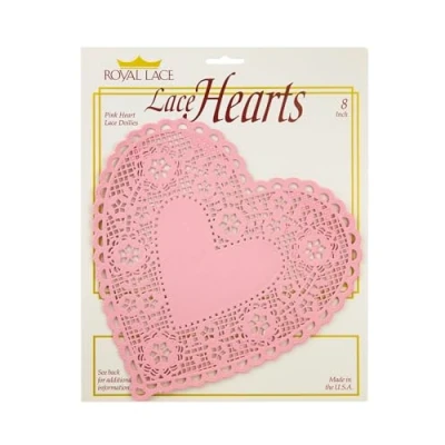 Image of Royal Lace Pink Heart Shaped Paper Doilies 8 Inch Perfect for Valentines Day Crafts, Table Decor, and Parties Pack of 72