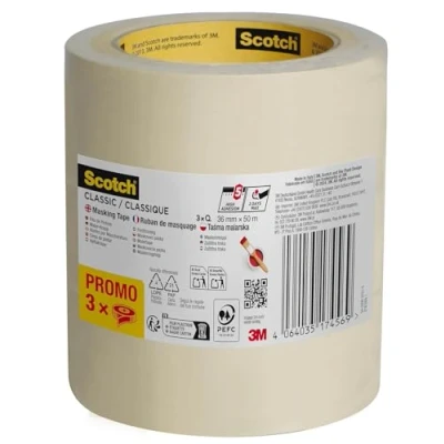 Image of Scotch Classic Masking Tape, Promo Pack of 3 Rolls, 36 mm x 50 m, Beige Painters Tape for Indoor Painting and Decorating, 70% PEFC