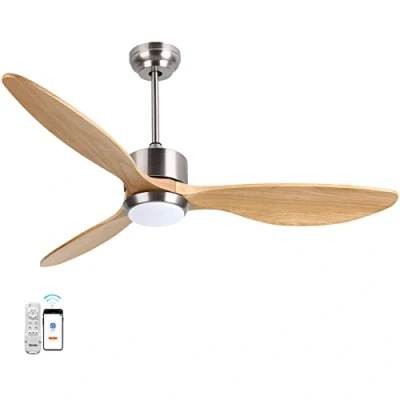 Image of Ovlaim 132cm Silent Wood Ceiling Fan with LED Lights and Remote Control, Reversible DC Motor for Bedroom, Living Room, Lounge Burlywood &amp; Silver