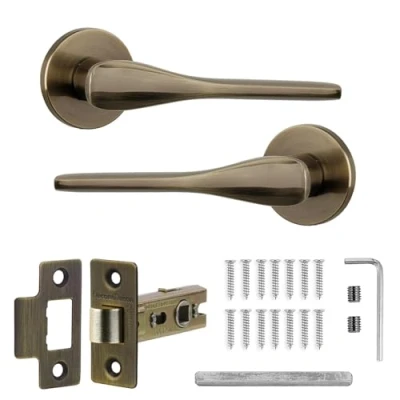 Image of Decoranddecor Antique Brass Door Handles Internal Aluminium Handle Sets for Wooden Interior Doors with Tubular Mortice Latch Verita Range