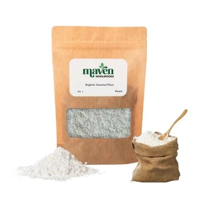 Image of Maven wholefoods Organic Coconut Flour 2kg Raw GMO Free High Fibre &amp; Protein Certified Suitable for Vegetarian Vegan Packed Fresh in Resealable Bags (2kg)