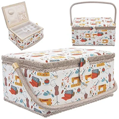 Image of orion group Sewing Box, Wood, Rectangular, 30 x 23 12 16 cm, 7 Compartments, Magnetic Closure, Foldable Handle, 8280 cubic cm