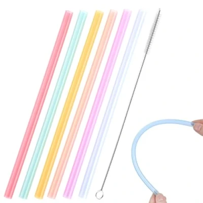 Image of 6Pcs Silicone Drinking Straws, Bent Reusable Replacement Straws BPA Free Extra Long with 1 Cleaning Brushes, Premium Food Grade Straws,oft Flexible Straw for Childre