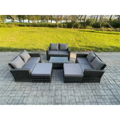 Image of Rattan Garden Furniture Set 8 Seater Patio Outdoor Lounge Sofa with Rectangular Coffee Table 2 Big Footstool Dark Grey Mixed Fimous