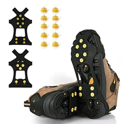Image of Ice Cleats, Grips Traction Cleats Grippers Non Slip Over Shoe/Boot Rubber Spikes Crampons with 10 Steel Studs + Extra Replacement (Medium, Black)