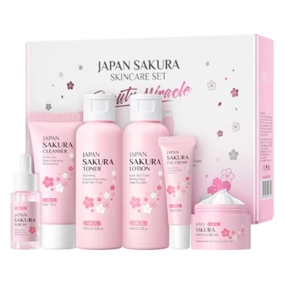 Image of LAIKOU Skincare Set, JAPAN Sakura Skin Care Sets &amp; Kits Cleanser, Toner, Lotion, Serum, Eye Cream, Face Travel Gift for Women Teenage Girls Mom Daughter, TSA friendly Sizes 6pcs