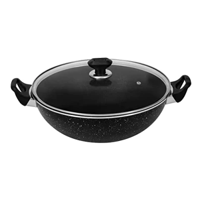Image of Bartan 27cm Cooking Wok Karahi Kadhai with Glass lid and Spoon, 3 Ply Marble Non Stick Coating, Aluminium, Suitable for Induction Cookers/Stoves, Cool Touch Bakelite Handle